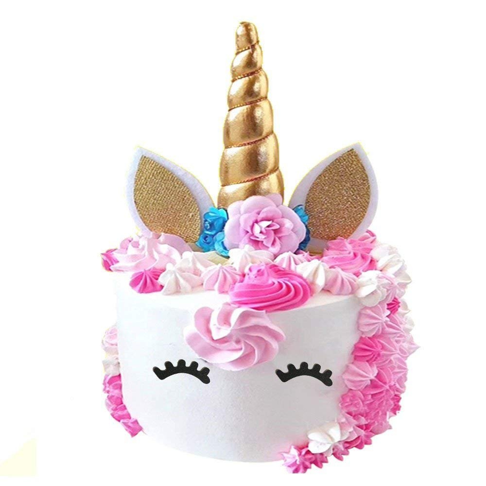 Handmade Gold Unicorn Birthday Cake Toppers set Unicorn Horn Ears and flowers Set Unicorn Party Decoration for baby shower