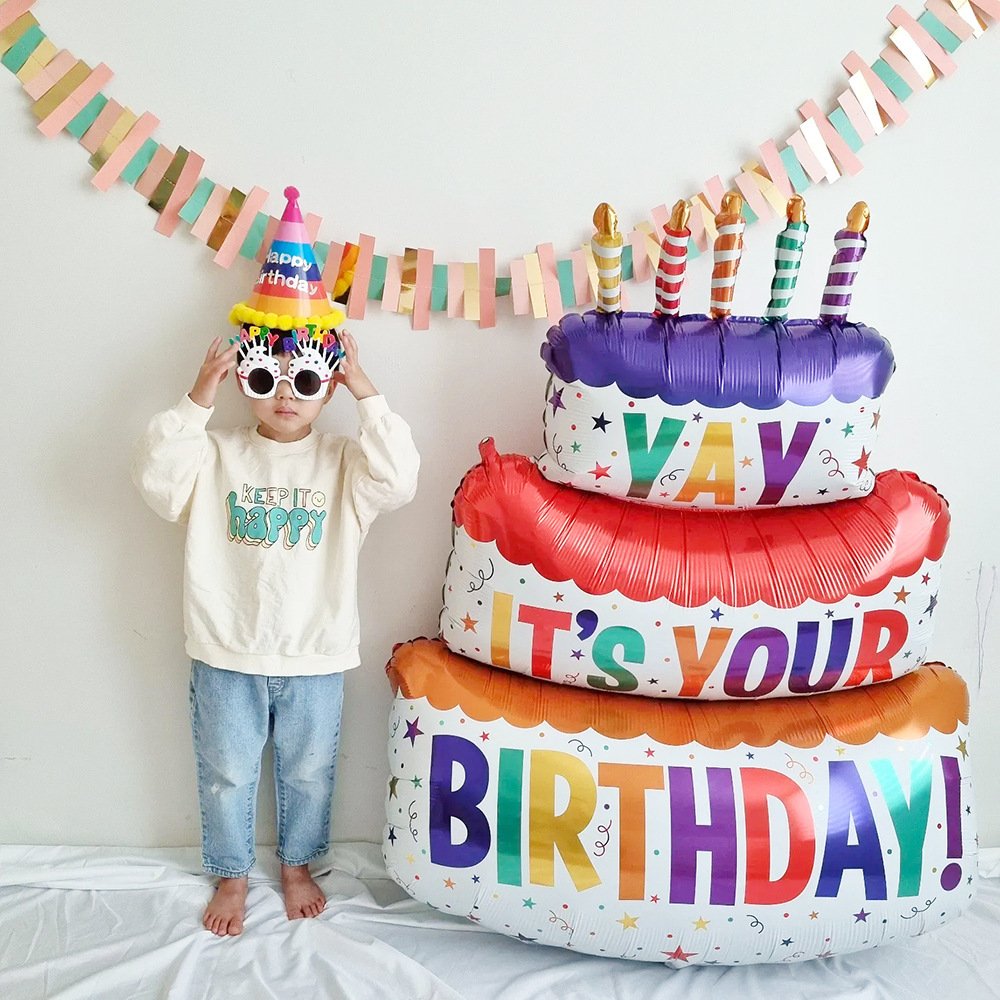 Large Colorful Children's Happy Birthday Cake Foil Balloon Set Three Layers for Kids Birthday Celebrations