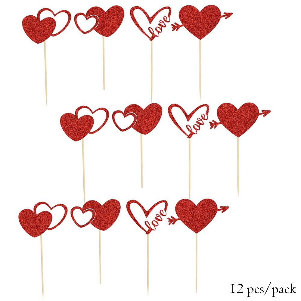 12 Pcs/Pack Love Heart Paper Cupcake Topper Decoration Set for Valentine's Day Party Cake Decoration Supplies