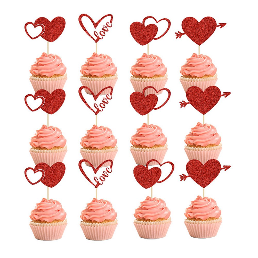 12 Pcs/Pack Love Heart Paper Cupcake Topper Decoration Set for Valentine's Day Party Cake Decoration Supplies