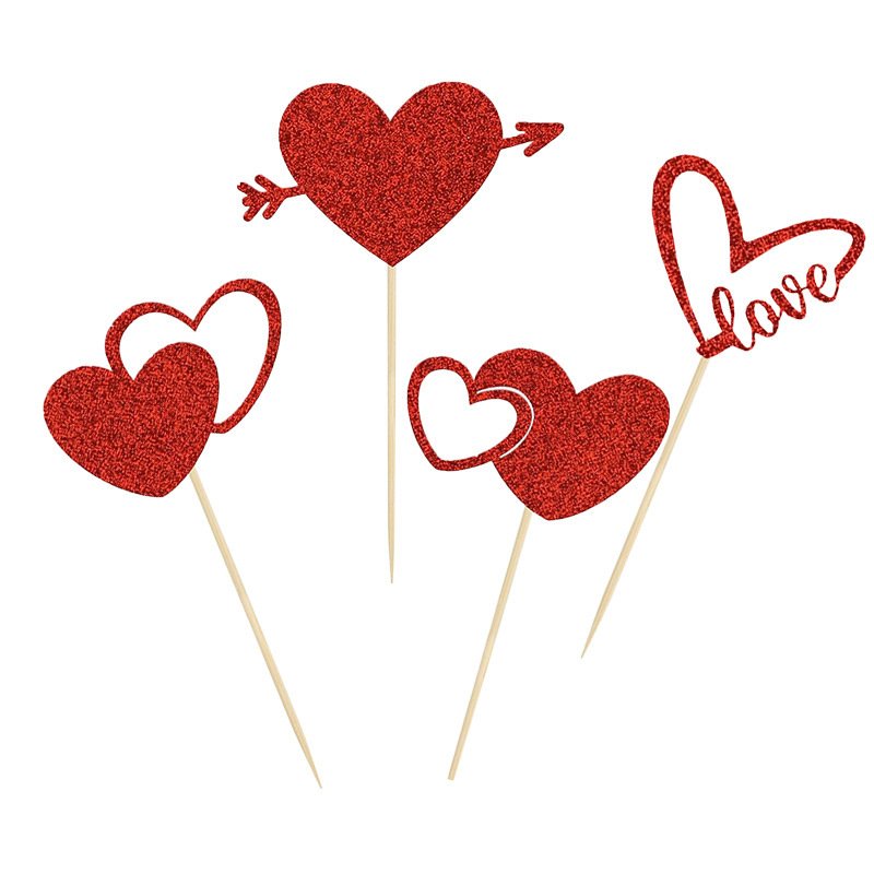 12 Pcs/Pack Love Heart Paper Cupcake Topper Decoration Set for Valentine's Day Party Cake Decoration Supplies
