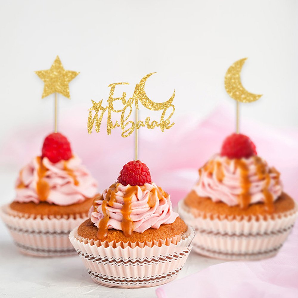 12 Pcs/Pack Eid Mubarak Paper Cupcake Topper Decoration for Eid Ramadan Party Cake Decoration Supplies