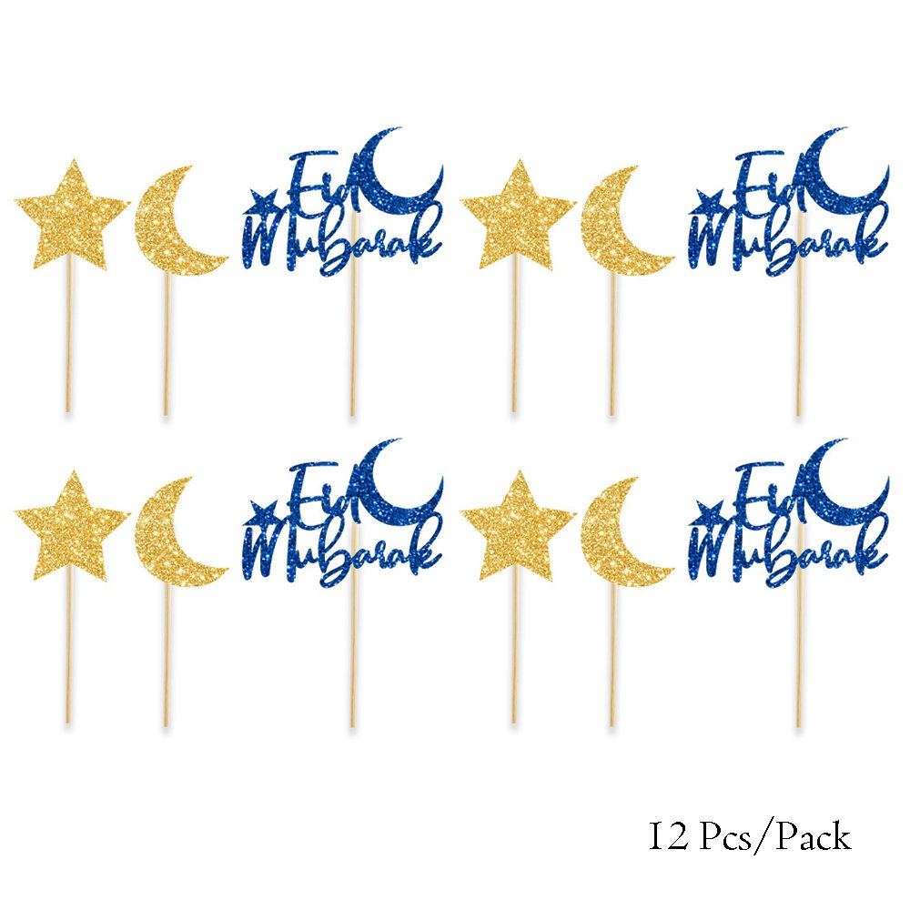12 Pcs/Pack Eid Mubarak Paper Cupcake Topper Decoration for Eid Ramadan Party Cake Decoration Supplies