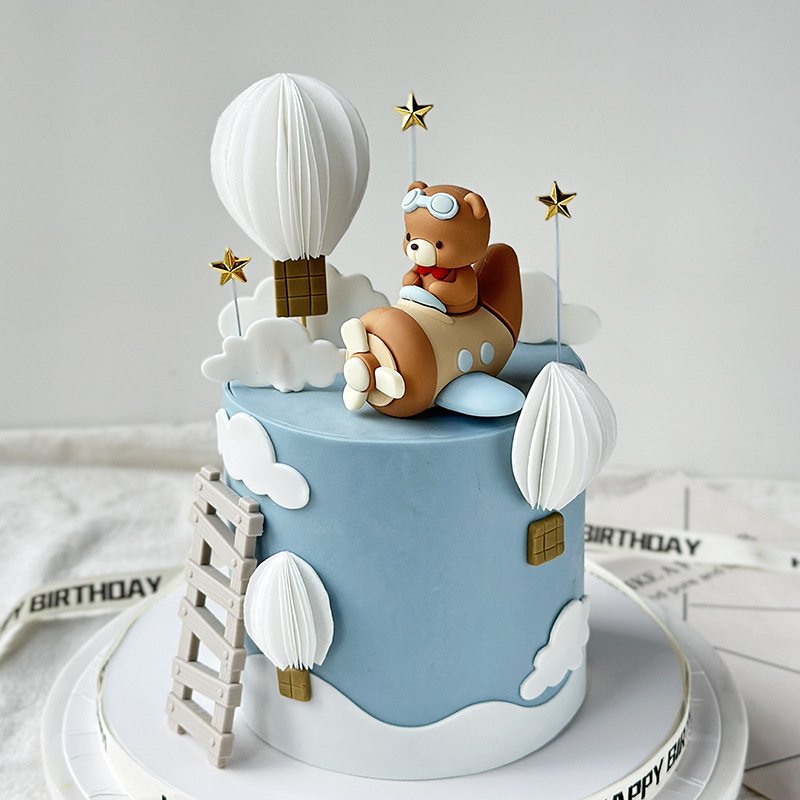 Cartoon Happy Birthday Cake Decorations For Boys Girls Cute Pilot Bear Soft Glue Doll Baby Shower Supplies
