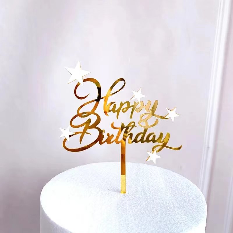 Hot Sale Acrylic Birthday Cake Topper Black and Golden Pentagram English Happy Birthday Cake Decorating Supplies Cupcake Toppers