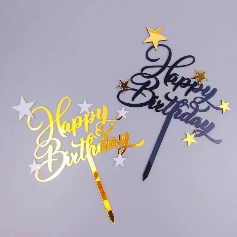Hot Sale Acrylic Birthday Cake Topper Black and Golden Pentagram English Happy Birthday Cake Decorating Supplies Cupcake Toppers
