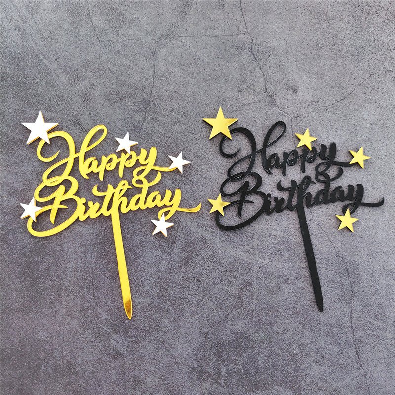 Hot Sale Acrylic Birthday Cake Topper Black and Golden Pentagram English Happy Birthday Cake Decorating Supplies Cupcake Toppers