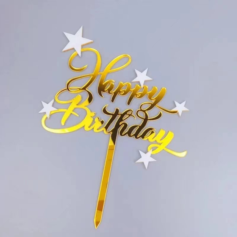 Hot Sale Acrylic Birthday Cake Topper Black and Golden Pentagram English Happy Birthday Cake Decorating Supplies Cupcake Toppers