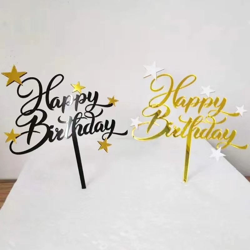 Hot Sale Acrylic Birthday Cake Topper Black and Golden Pentagram English Happy Birthday Cake Decorating Supplies Cupcake Toppers