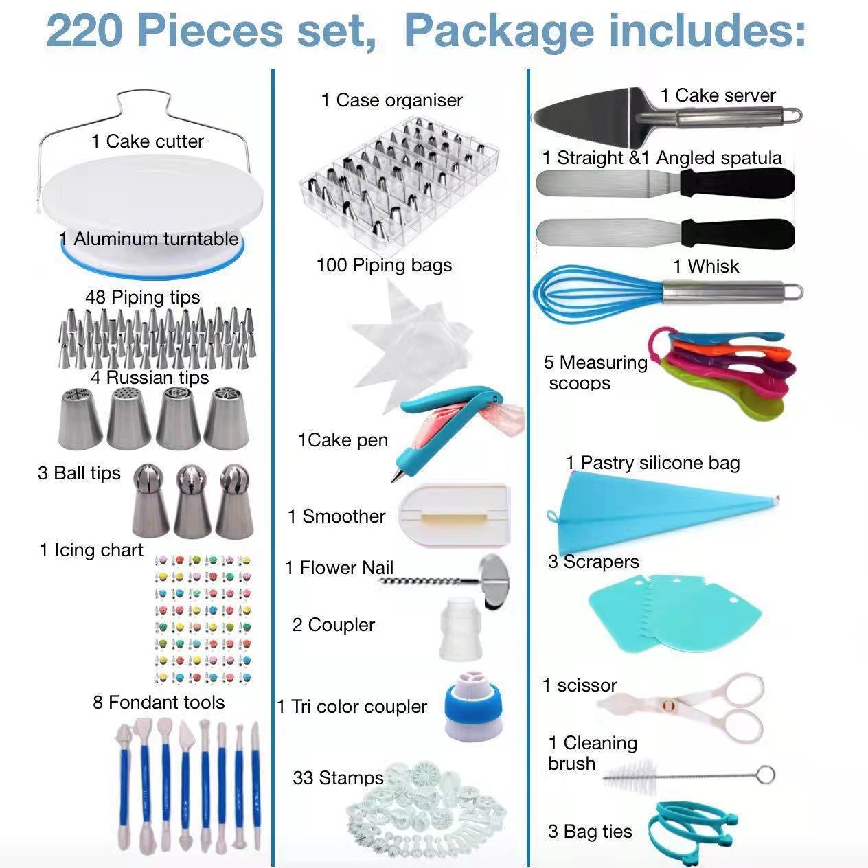 Hot Selling 220pcs Stainless Steel Nozzles Cake Decorating Supplies Set of Tools with plastic turntable