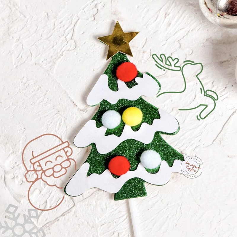 Merry Christmas Papercard Cake Topper Set Pompom 3pcs Christmas Tree Cake Decorating Supplies for Happy New Year Cake Decoration