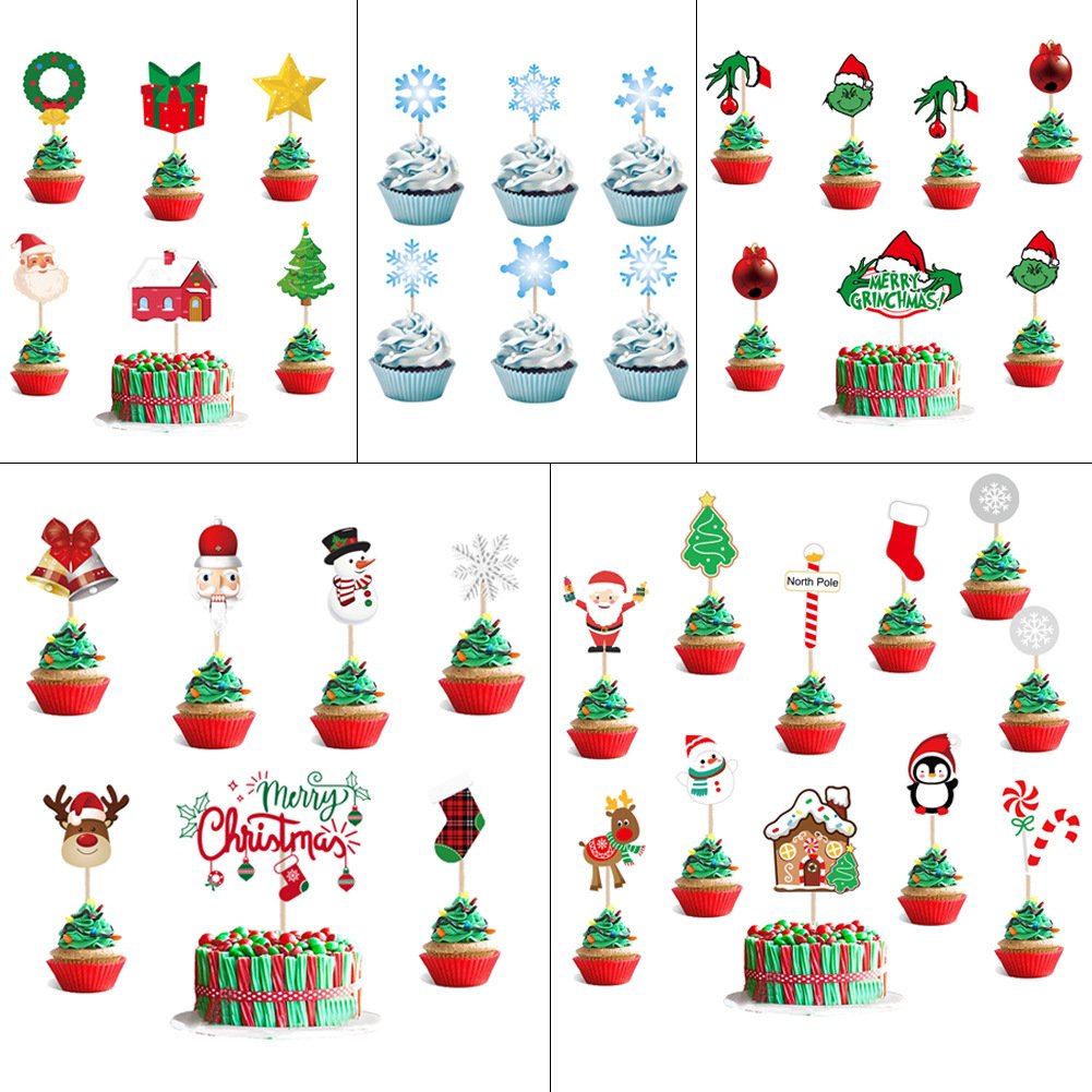 wholesale cake decorations supplies white snowflake merry christmas tree straw cake topper card for happy birthday cake toppers