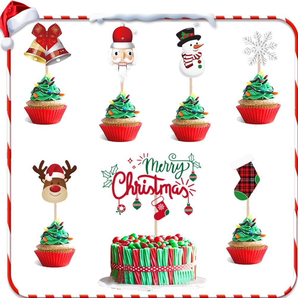 wholesale cake decorations supplies white snowflake merry christmas tree straw cake topper card for happy birthday cake toppers