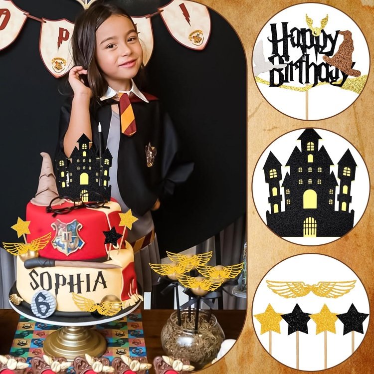 Magical Wizard Paper Cake Topper Glitter Black Wizard Theme Cake Dec Wizard Cupcake Pick for Baby Shower Party Supplies