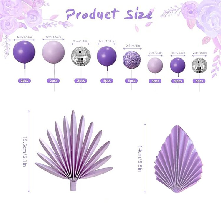 38 pcs Purple Foam Ball Disco Ball Cake decoration Palm Set for Anniversaries Baby Showers Birthday Cake Decoration Supplies