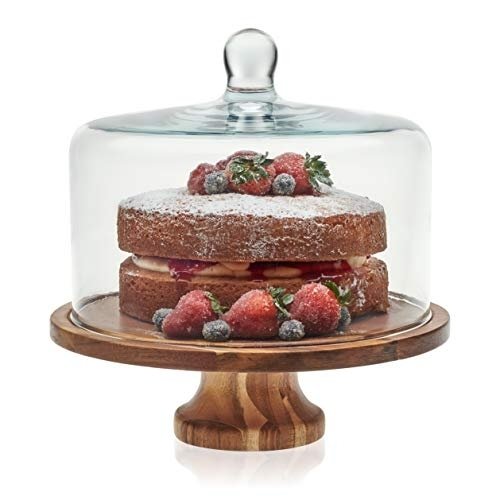 Mango Wood Cake Stand with Glass Lid Wholesale Manufacturer Custom Made Wooden Cake Server Stand with Glass Dome