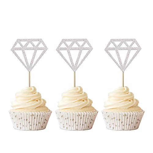 50 Pack Diamond Cupcake Toppers Silver Glitter Diamond Cupcake Picks for Wedding Bridal Shower Party Cake Decoration Supplies