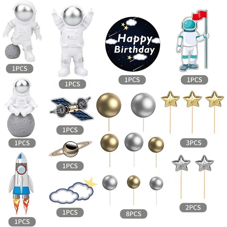 Space Cupcake Toppers Astronaut Figurine Birthday Outer Space Themed Party Decorations Supplies