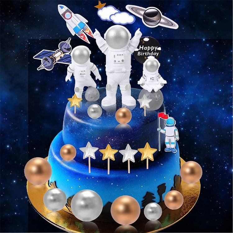 Space Cupcake Toppers Astronaut Figurine Birthday Outer Space Themed Party Decorations Supplies