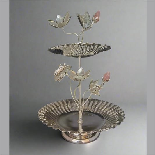 Luxury 2 Tier Cake Stand For Home Hotel & Restaurants For Weddings Dinnerware Cake Stands Silver Color Brass & Resin Cake Stands