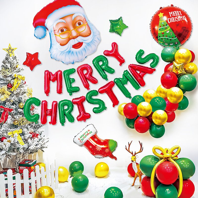 Merry Christmas Santa Claus Mall Window Background Pull Flag Latex Balloon Party Set