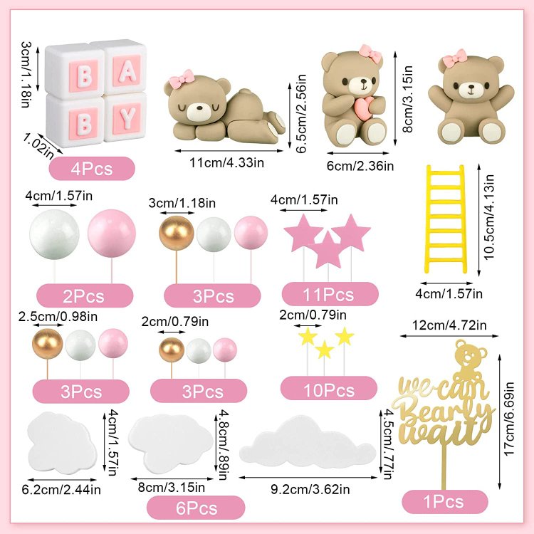 Pink Mini Bear Cake Decorations Cake Toppers Gold White Pearl Ball for Boy Girl Baby Shower Birthday Party Decorations