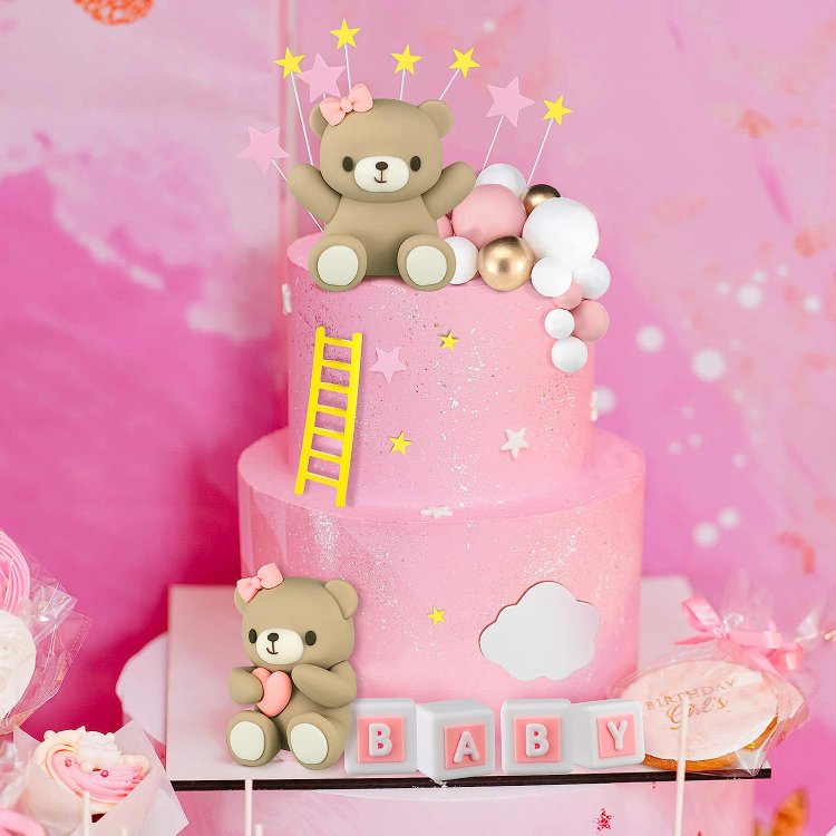 Pink Mini Bear Cake Decorations Cake Toppers Gold White Pearl Ball for Boy Girl Baby Shower Birthday Party Decorations