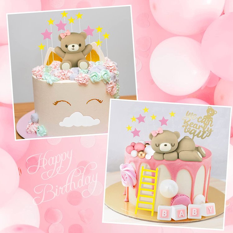 Pink Mini Bear Cake Decorations Cake Toppers Gold White Pearl Ball for Boy Girl Baby Shower Birthday Party Decorations