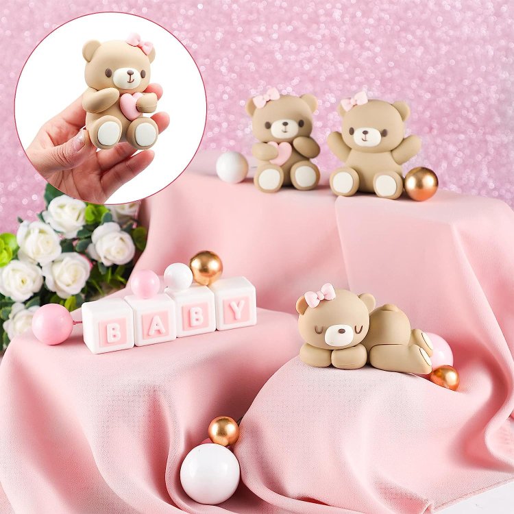 Pink Mini Bear Cake Decorations Cake Toppers Gold White Pearl Ball for Boy Girl Baby Shower Birthday Party Decorations