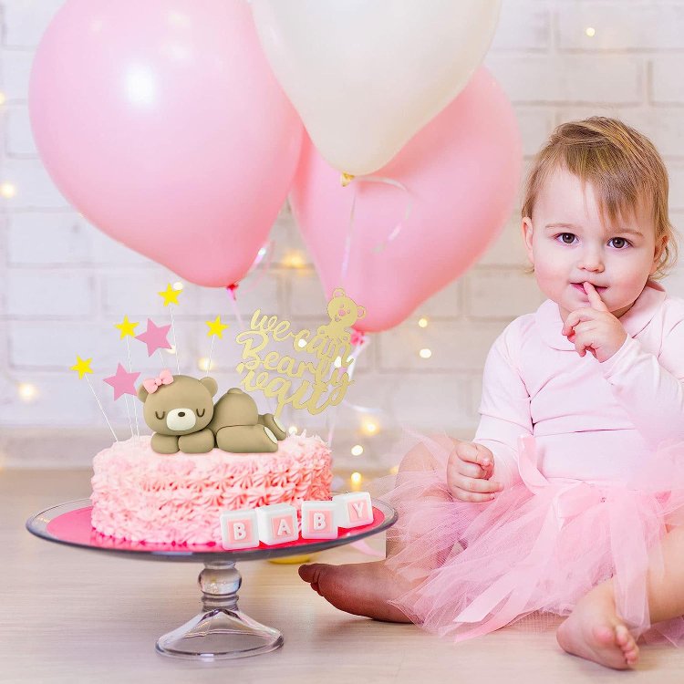 Pink Mini Bear Cake Decorations Cake Toppers Gold White Pearl Ball for Boy Girl Baby Shower Birthday Party Decorations