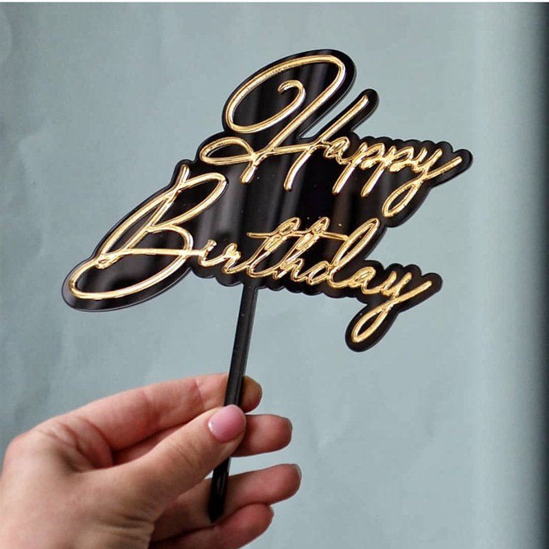 Double Layer Acrylic Happy Birthday Cake Decorating Supplies Black Acrylic Cake Toppers Cupcake Decoration for Birthday Party