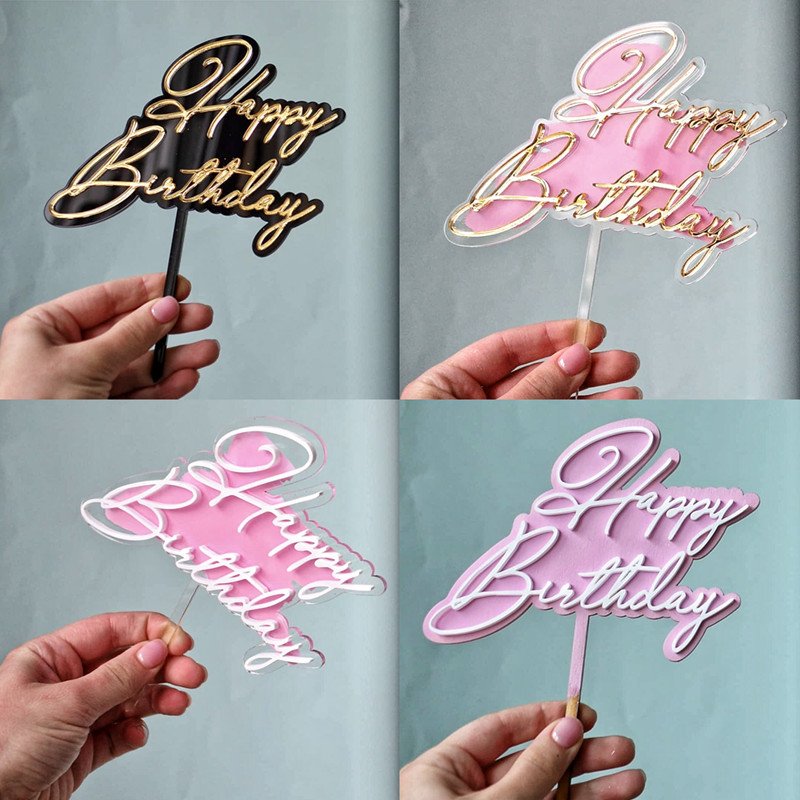 Double Layer Acrylic Happy Birthday Cake Decorating Supplies Black Acrylic Cake Toppers Cupcake Decoration for Birthday Party