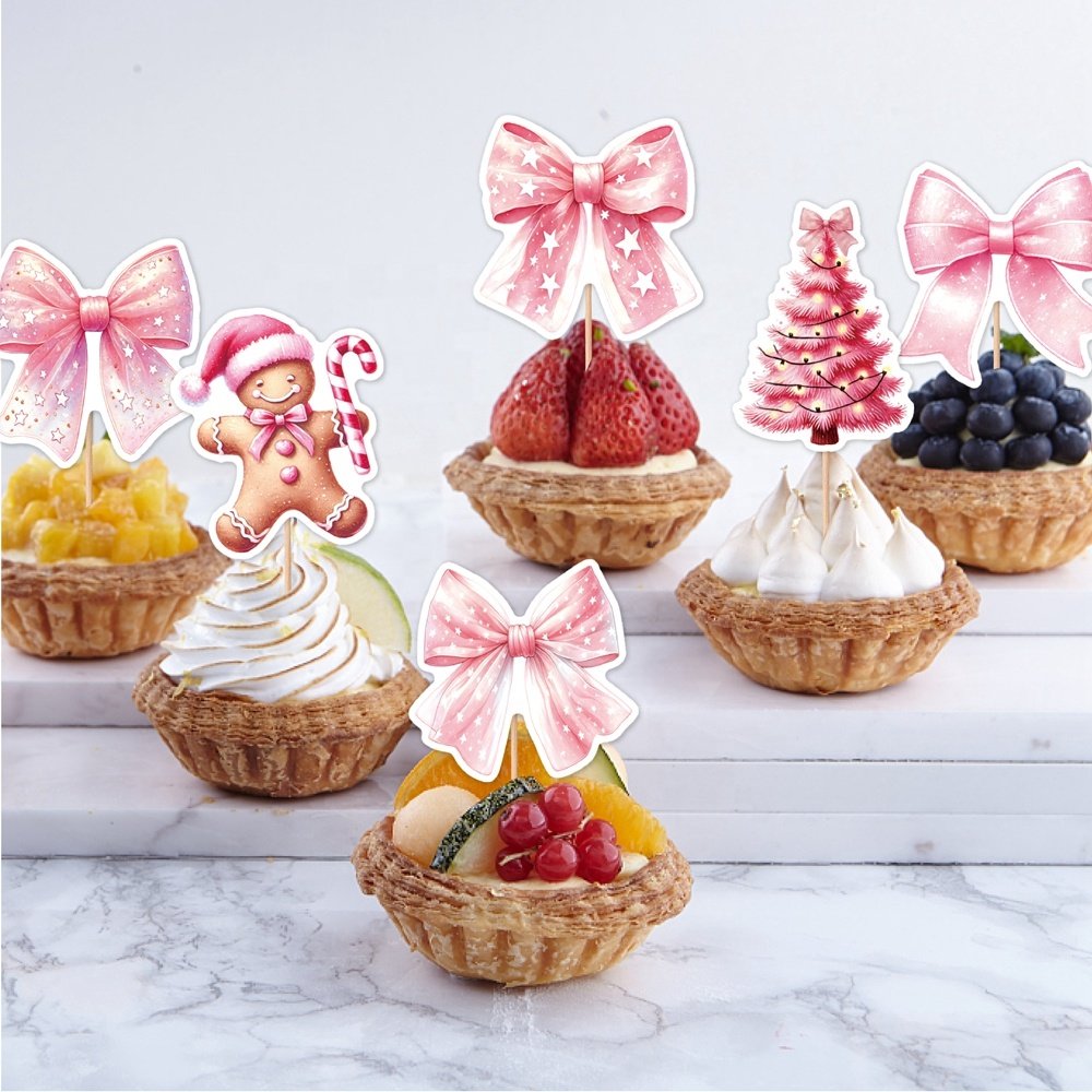 9Pcs Christmas Party Cupcake Toppers Cake Decorations Pink Bow-tie Snowman Party Cake Toppers for Christmas Party Supplies