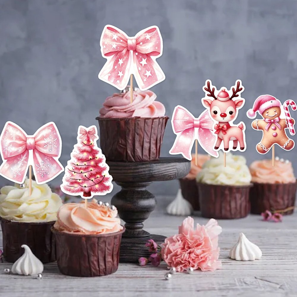 9Pcs Christmas Party Cupcake Toppers Cake Decorations Pink Bow-tie Snowman Party Cake Toppers for Christmas Party Supplies