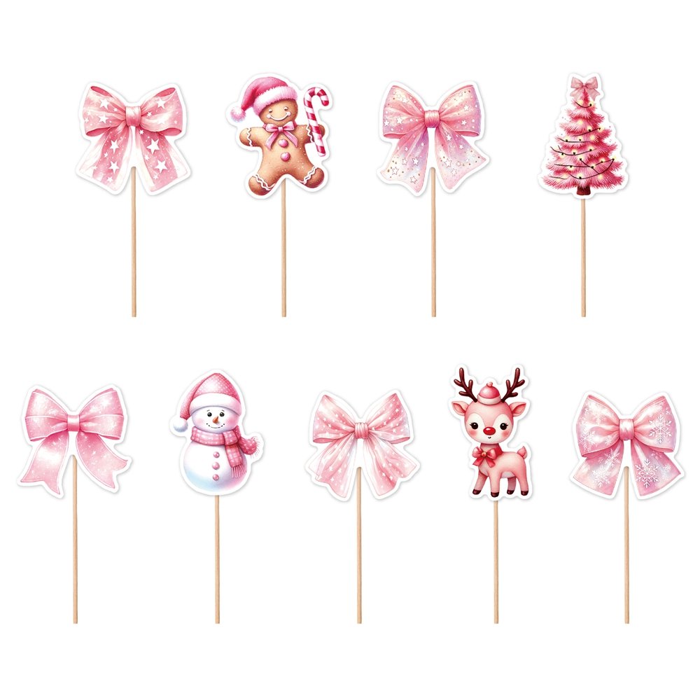 9Pcs Christmas Party Cupcake Toppers Cake Decorations Pink Bow-tie Snowman Party Cake Toppers for Christmas Party Supplies
