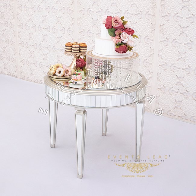 Round Mirror Wooden Table Event Wedding Cake table Silver Mirror Table For Party