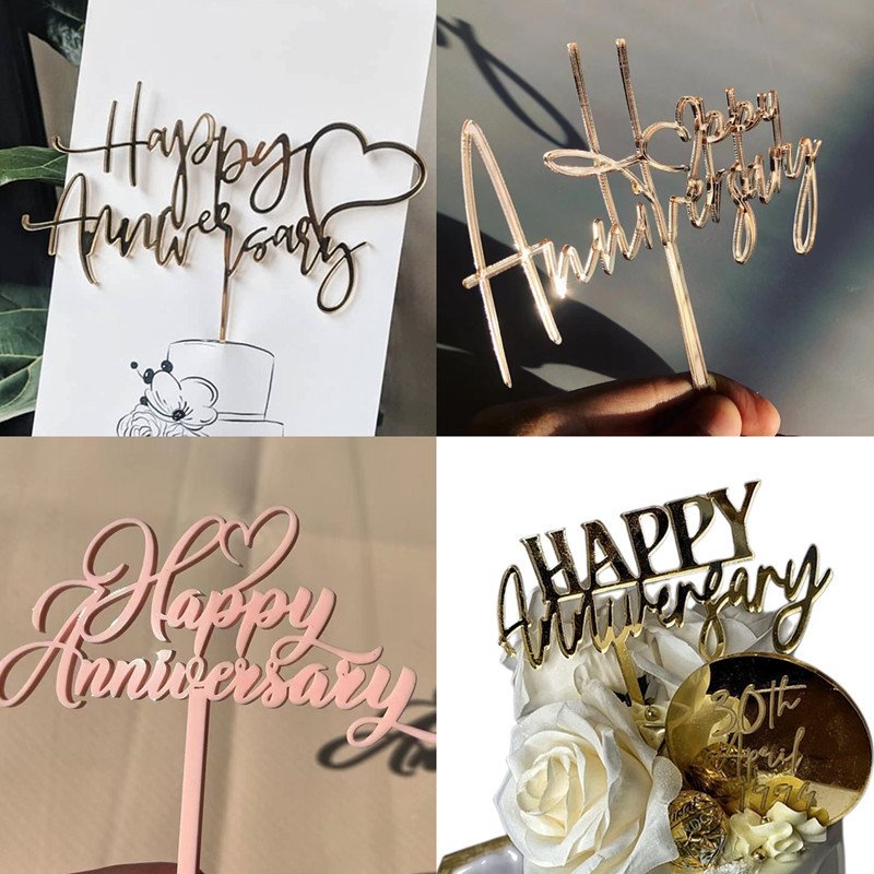 INS Acrylic Heart Happy Anniversary Celebration Cake Toppers For Women's Mens Wedding Love Anniversary Party Cake Decorations