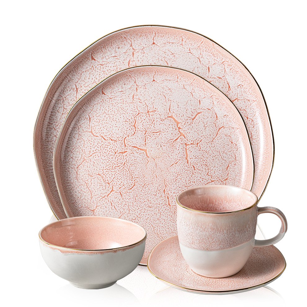 Ceramic Dinnerware Set Of Dishes For Sweet Cake Shop Household Banquet Party Pink Color Gold Rimmed Home Dinner Plates Set