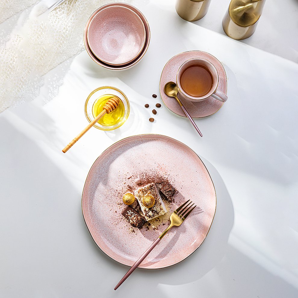 Ceramic Dinnerware Set Of Dishes For Sweet Cake Shop Household Banquet Party Pink Color Gold Rimmed Home Dinner Plates Set