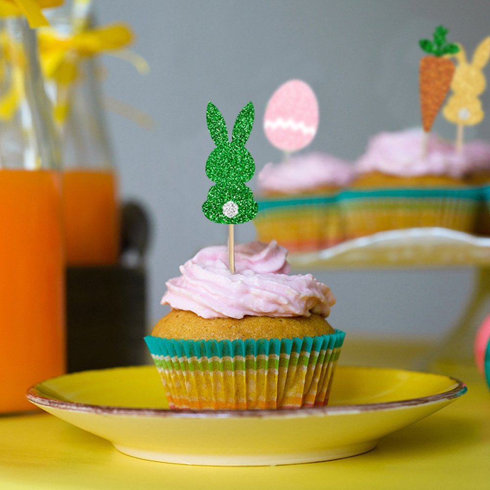 12 Pcs/Pack Rabbit Bunny Paper Cupcake Topper Decoration Set for Happy Easter Party Small Cake Decoration Supplies