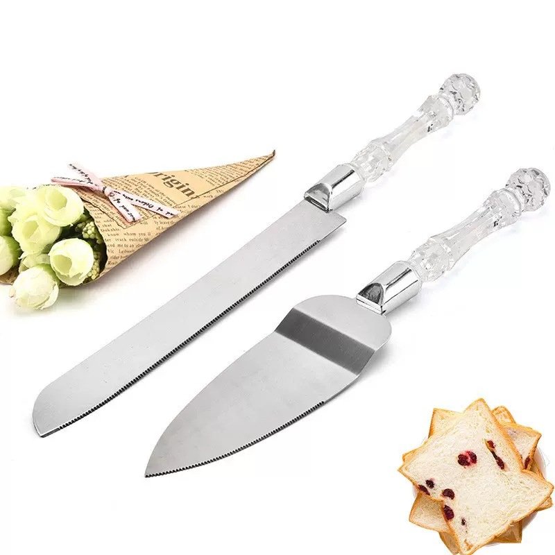 2pcs Stainless Steel Crystal Handle Cake Shovel Set Bread Pizza Knife Dessert Pie Fondant Divider Cutter Spatula Baking Tools