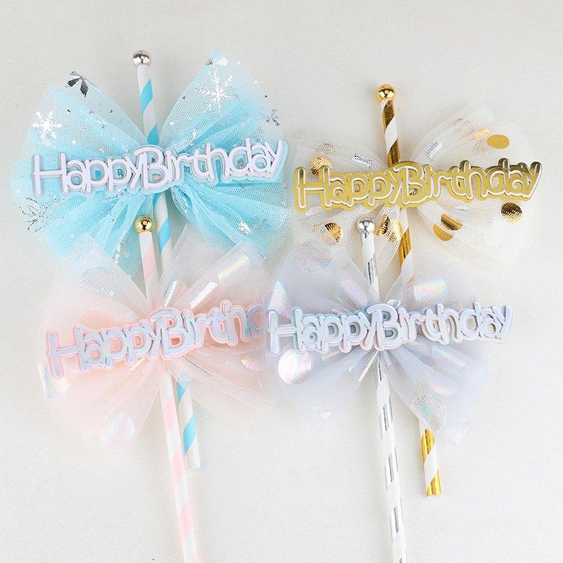 Factory Hot Selling Bake Cake Insert Decorating Party Supplies Bow Star Happy Birthday Cake Topper
