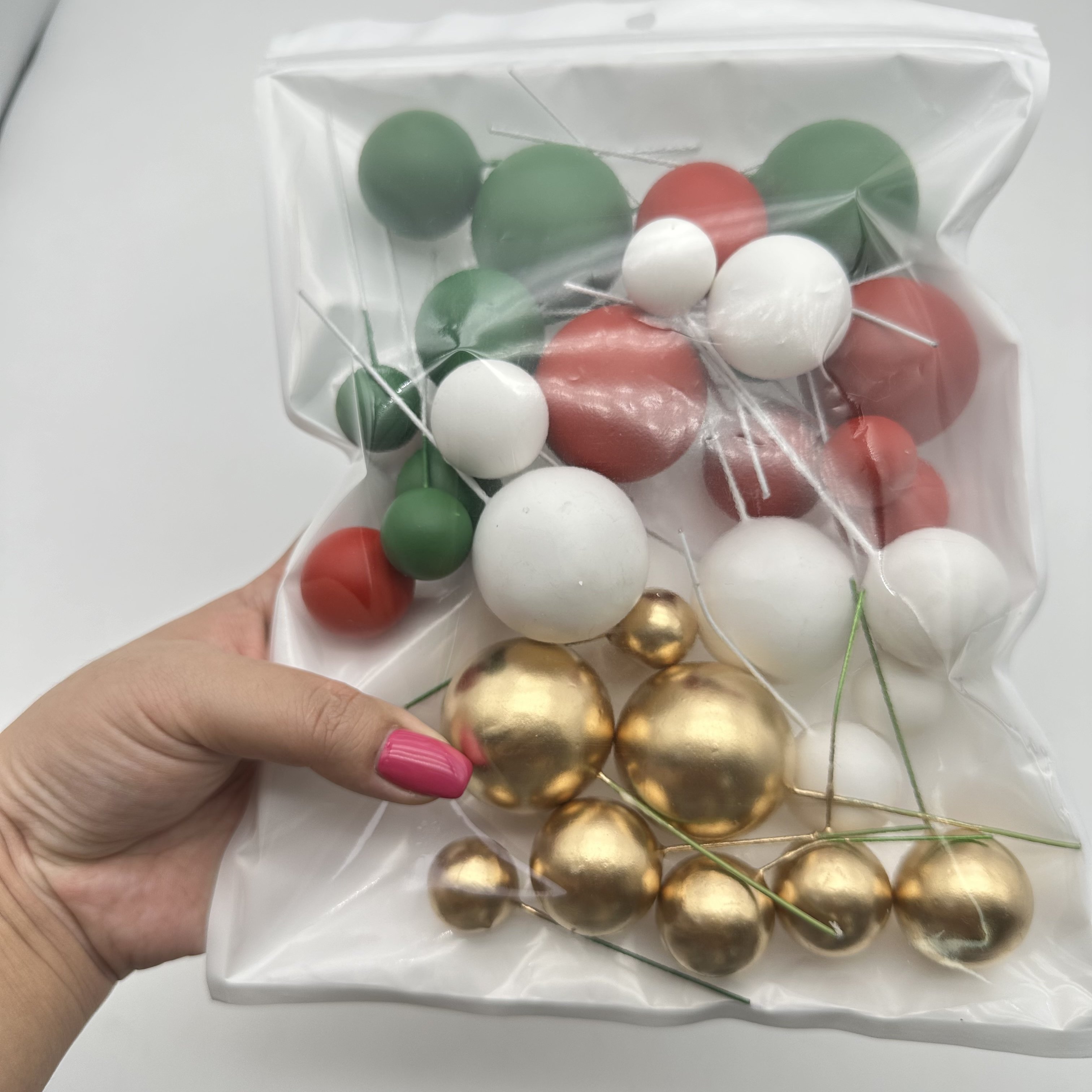 32Pcs Red Green White Gold Foam Ball Cake Topper Decorations for Christmas Party Birthday Cake Decorating