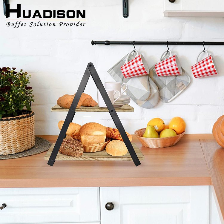 Huadison Restaurant Hotel Supplies 2 Tier Ladder Serving Station Plate Wood Shelf Food Candy 2 Tier Cake Stand For Sale