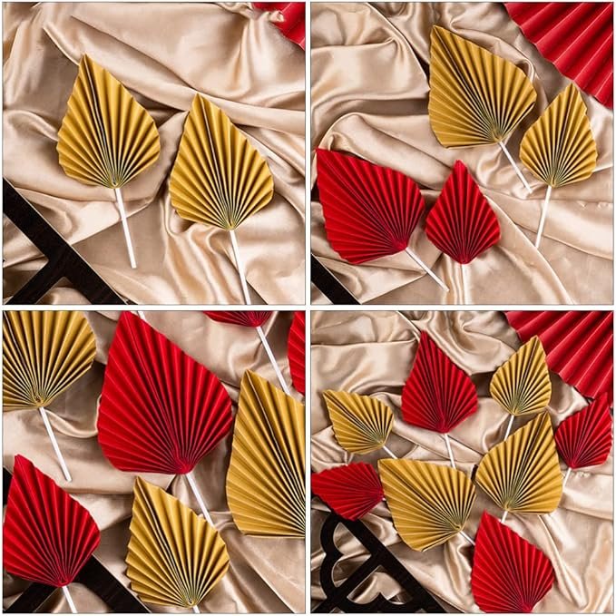 Gold/red Palm Leaf Cake Topper Tropical Style Paper Folding Fan Cake Topper Leaf Shaped Handmade Cake Insert Dessert Decoration