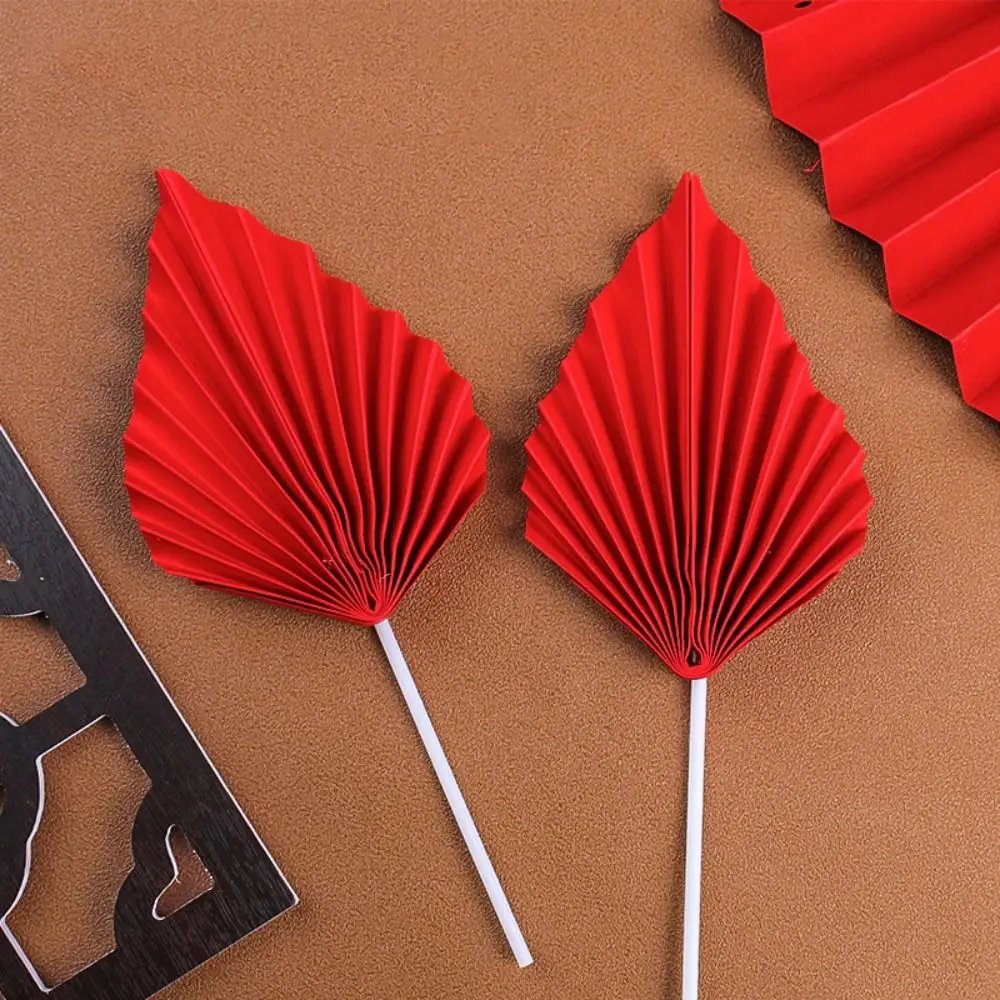 Gold/red Palm Leaf Cake Topper Tropical Style Paper Folding Fan Cake Topper Leaf Shaped Handmade Cake Insert Dessert Decoration