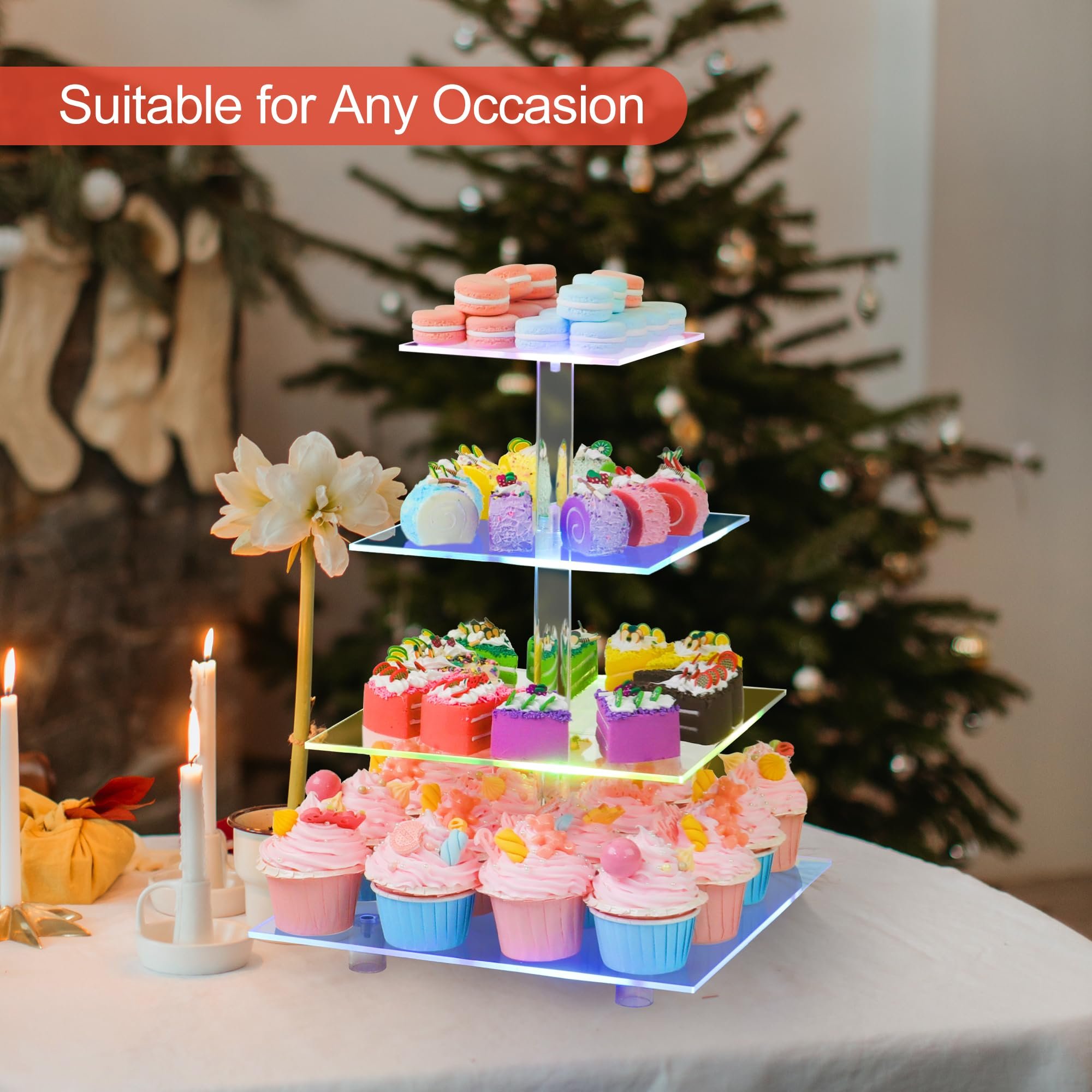 Factory wholesale 4 Tiered Cupcake Tower Tree with Rechargeable light Led Dessert Pastry Display Stand for Wedding Party