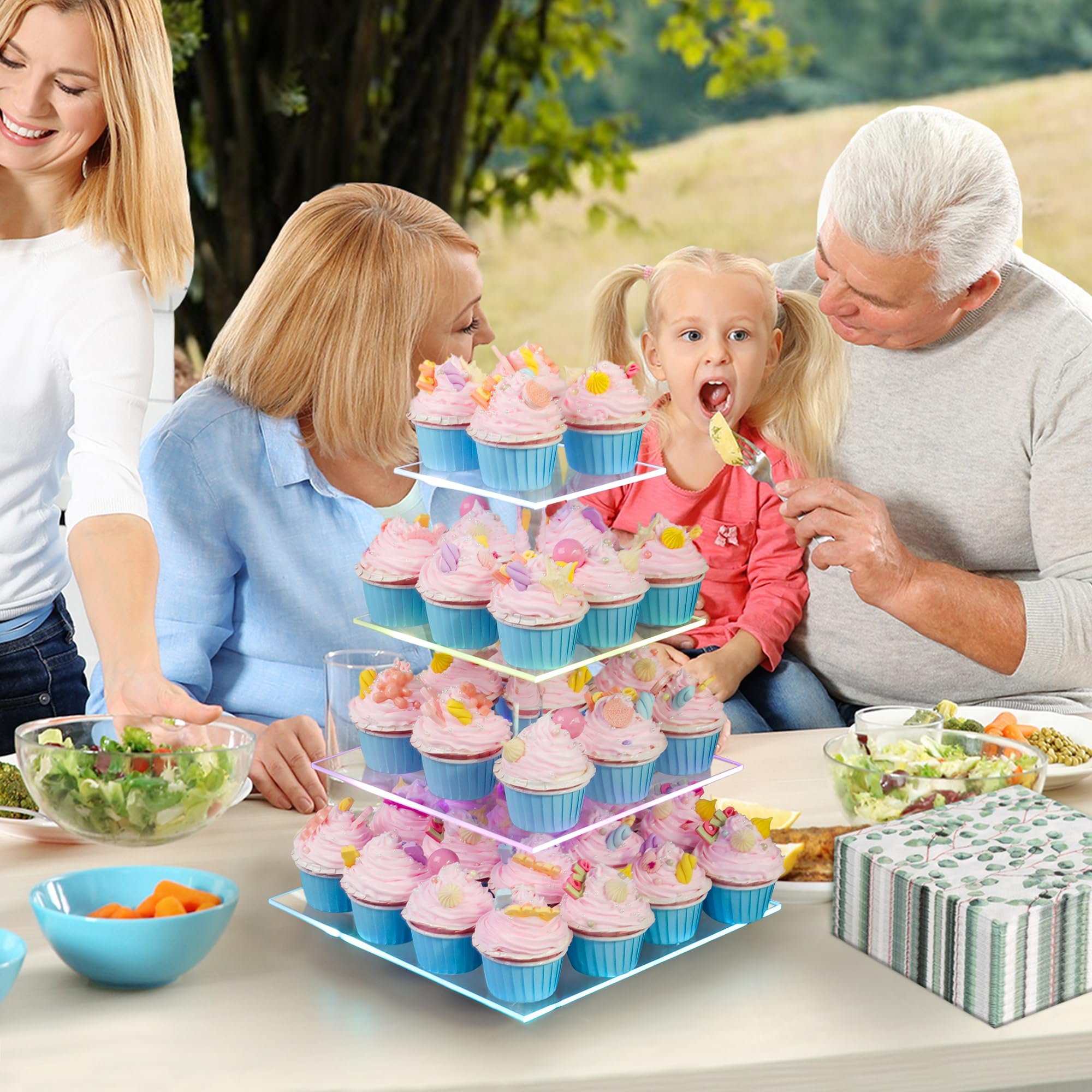 Factory wholesale 4 Tiered Cupcake Tower Tree with Rechargeable light Led Dessert Pastry Display Stand for Wedding Party