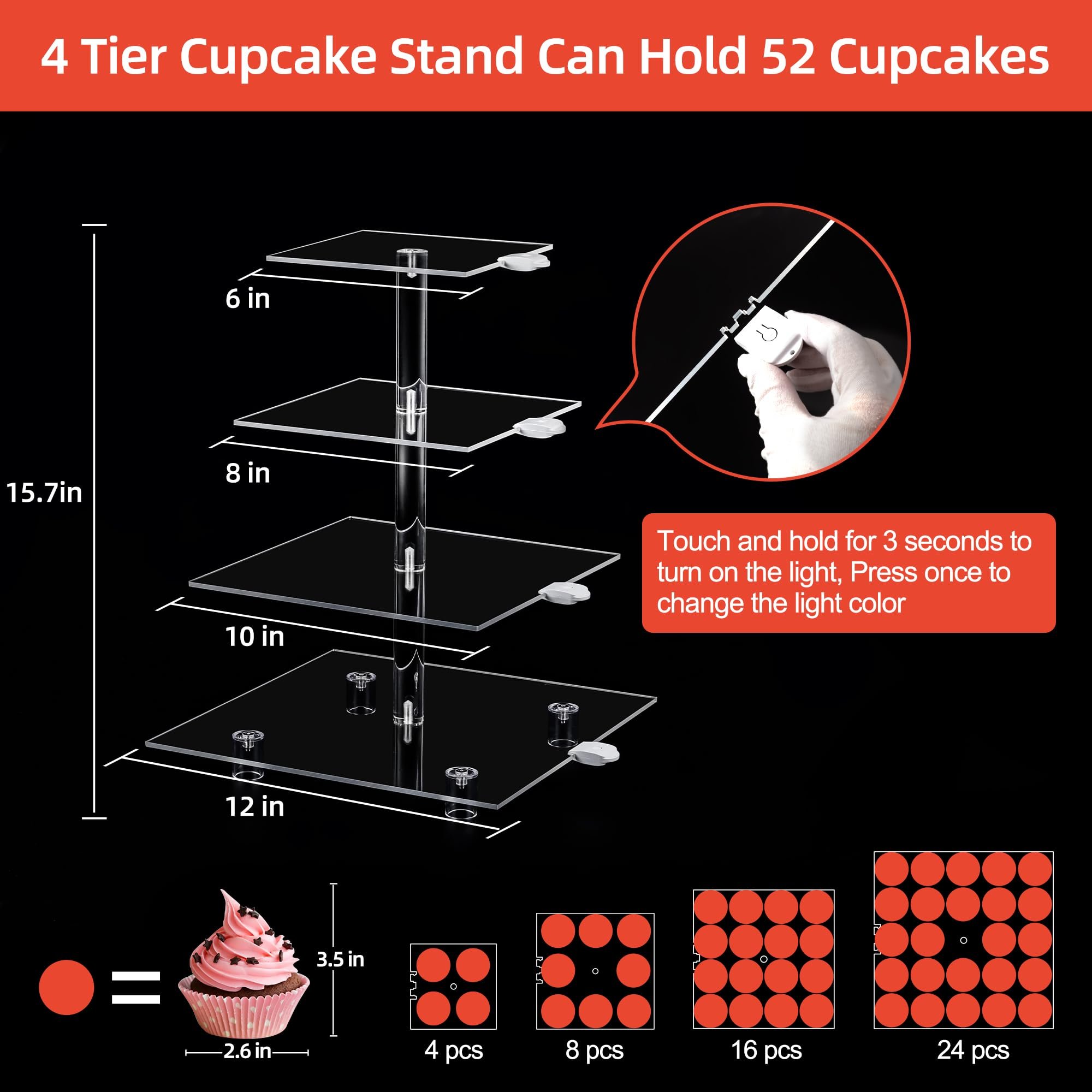 Factory wholesale 4 Tiered Cupcake Tower Tree with Rechargeable light Led Dessert Pastry Display Stand for Wedding Party