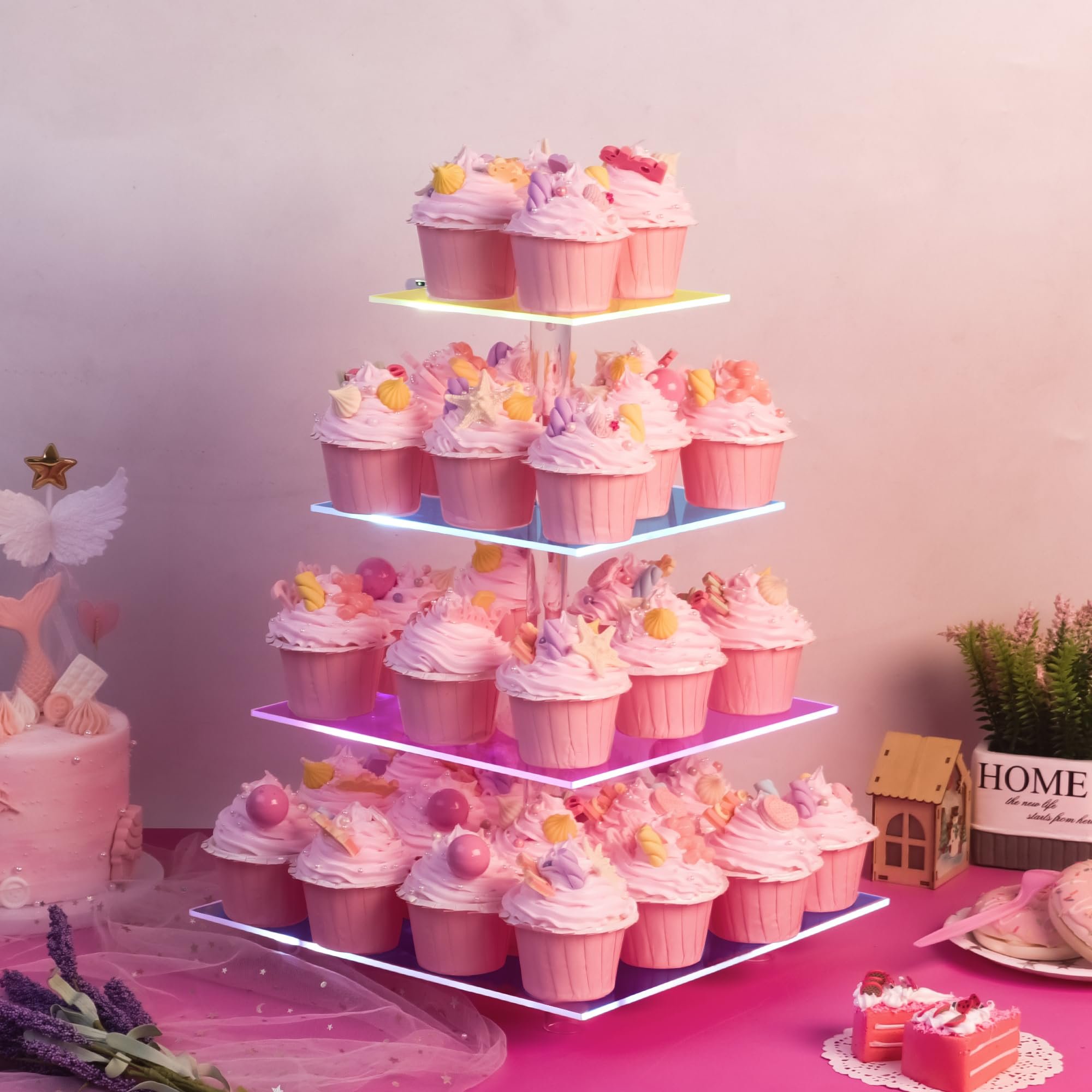 Factory wholesale 4 Tiered Cupcake Tower Tree with Rechargeable light Led Dessert Pastry Display Stand for Wedding Party